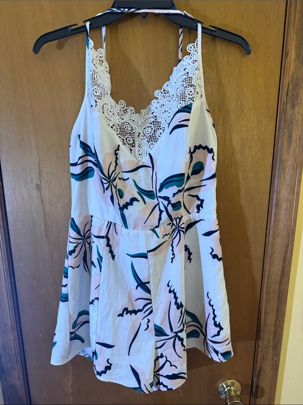 Lace-Trim Floral Print Romper in White and Teal - Picture 1 of 5